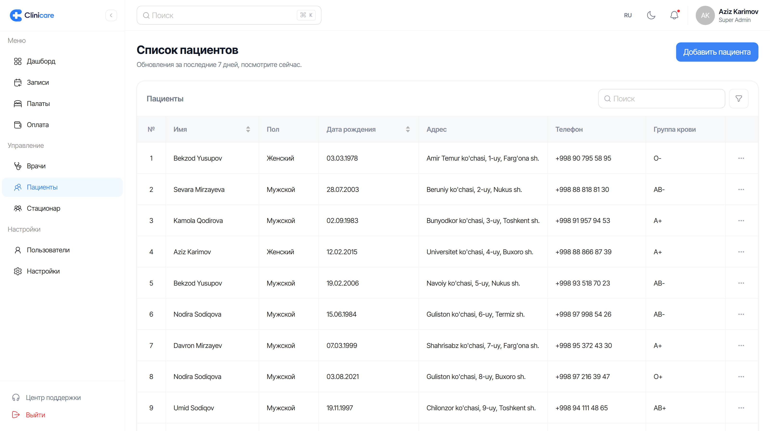 ClinicARE patient register — sortable, searchable and filterable data table